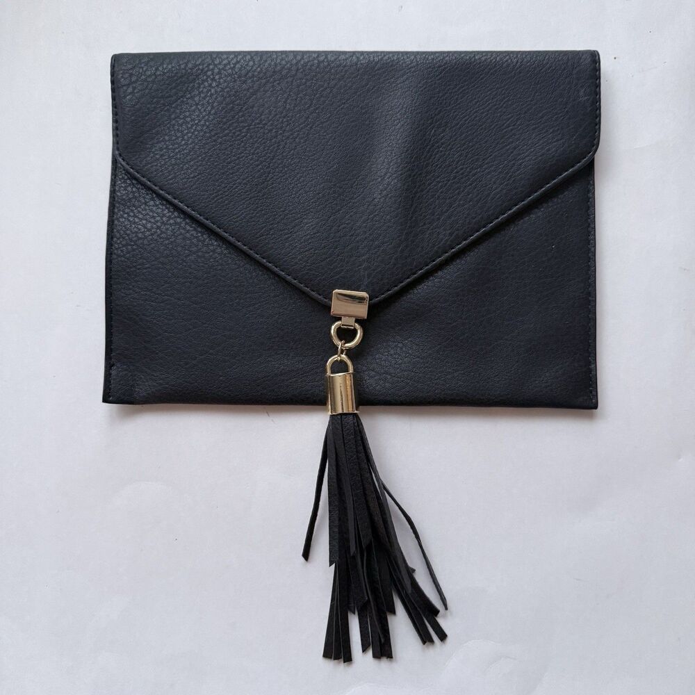 Big Buddha Faux Leather Clutch Handbag Magnet Closure Tassel Gold Tone black